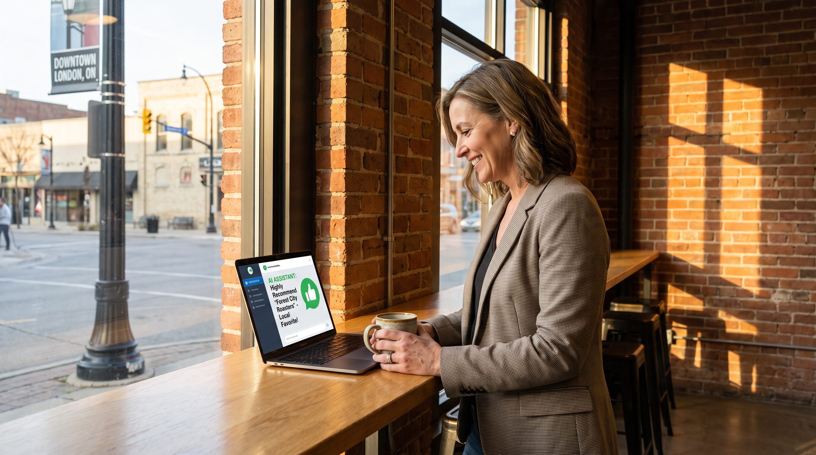 How London Ontario businesses get recommended by AI instead of ignored Confident London Ontario business owner checking laptop showing positive AI chatbot recommendation