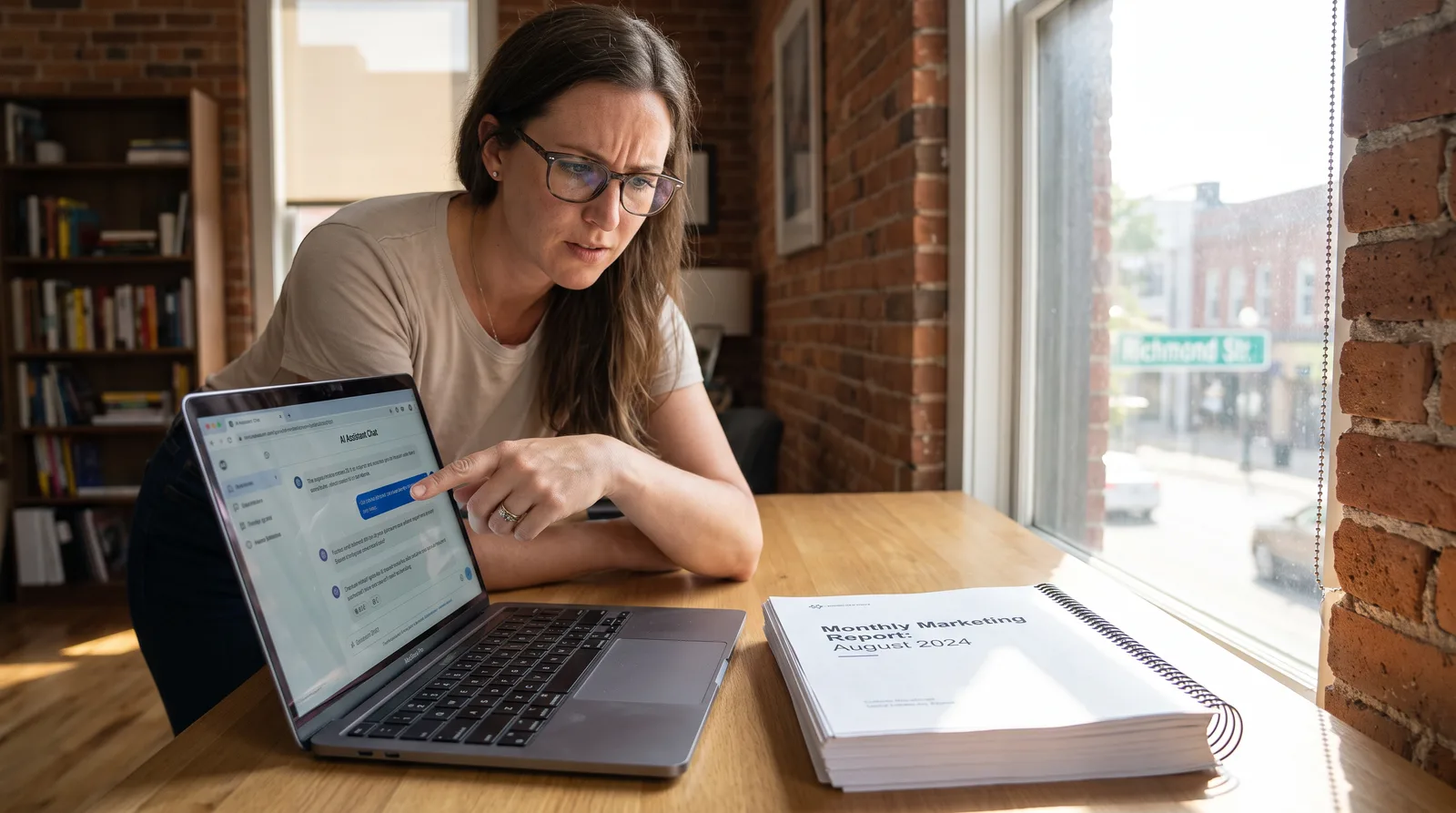 AI search optimization services: what you get each month in London, Ontario Marketing consultant pointing at an AI assistant answer on a laptop beside a printed monthly report in a brick-walled London, Ontario office