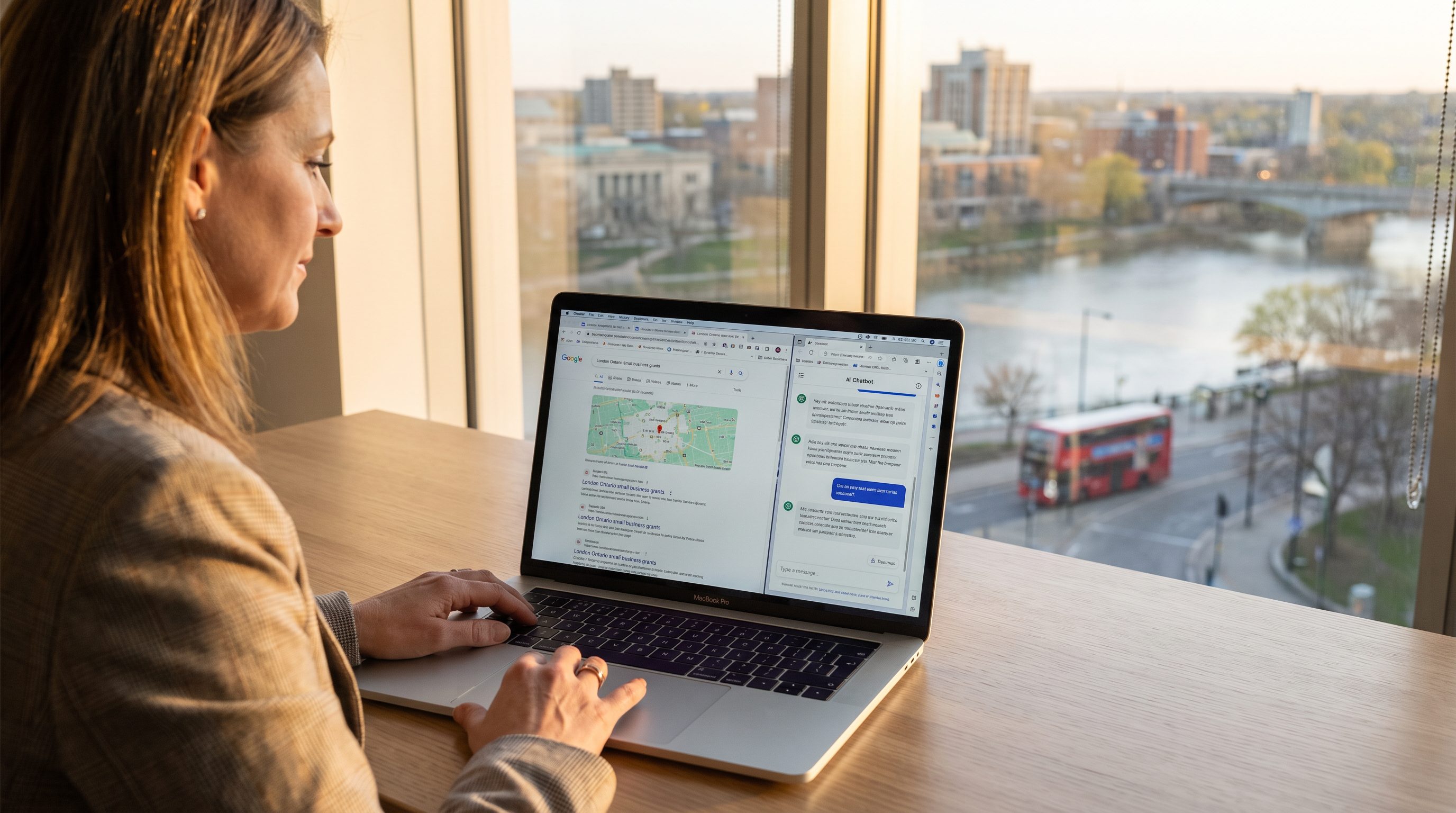 Will AI search replace Google for London Ontario customers? London Ontario business owner at desk with laptop showing Google search and an AI chatbot window side by side