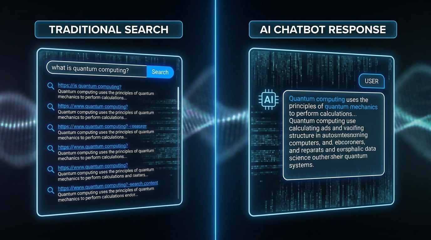 AI search vs traditional SEO 2026 - what changed and how to optimize for both Split screen showing traditional Google search results next to AI chatbot responses, modern tech visualization