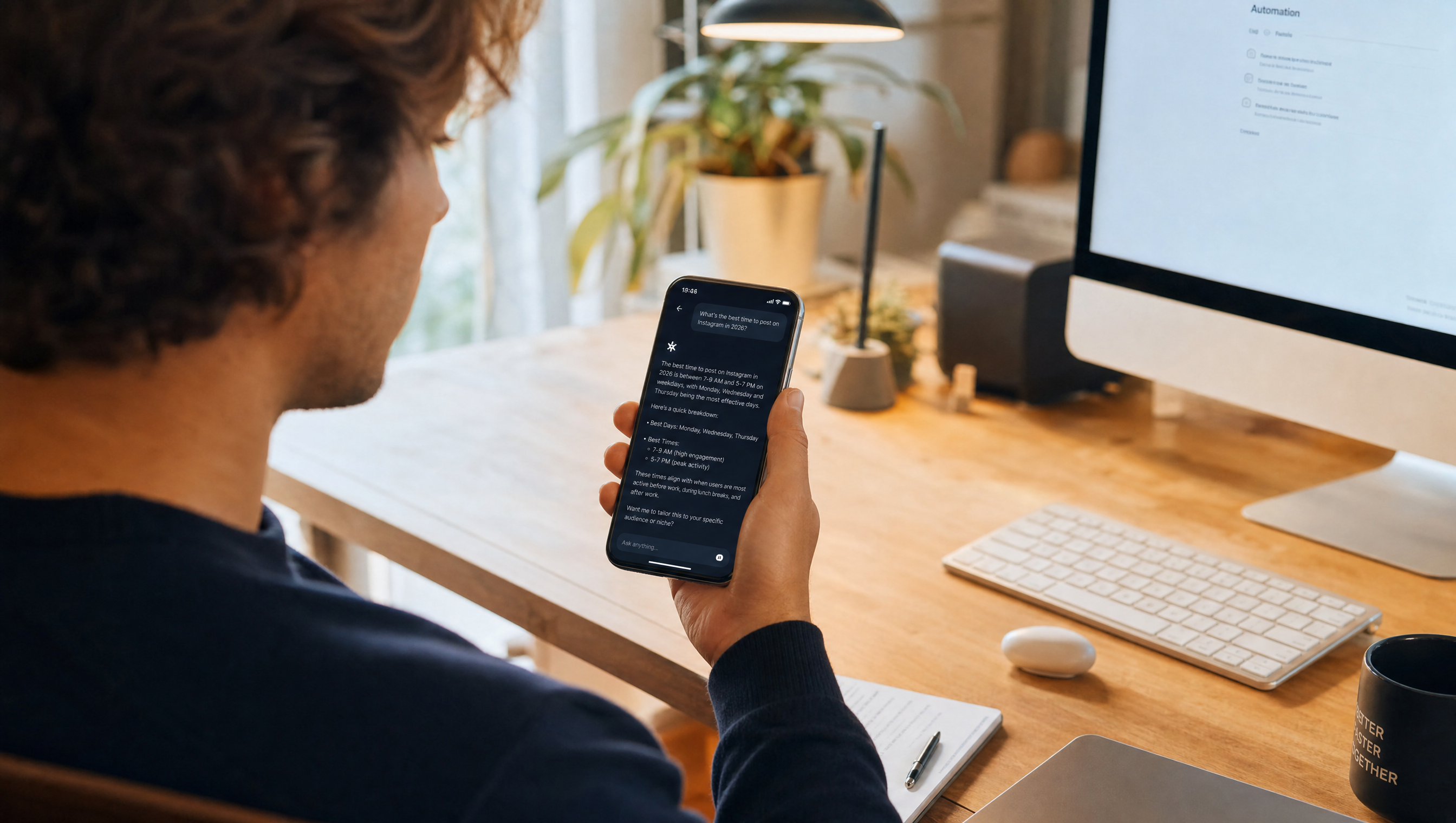 Answer engine optimization (AEO) - AI search results on smartphone 2026 Person using AI assistant on smartphone getting direct answer engine optimization results