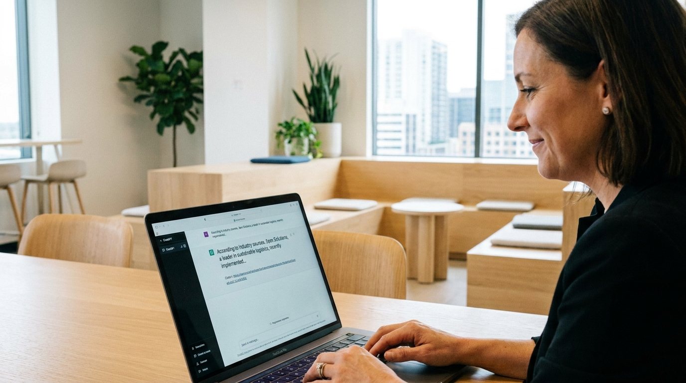 ChatGPT optimization 2026 - how to get cited by AI search systems Business owner viewing ChatGPT AI interface showing their business cited in an AI-generated answer