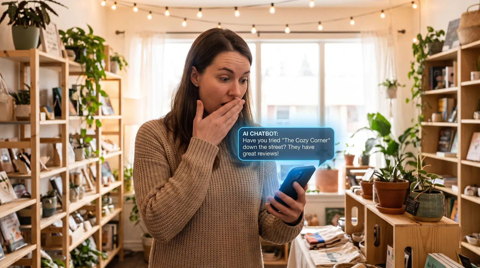 Is ChatGPT recommending your London Ontario competitors instead of you? Surprised London Ontario business owner looking at phone showing an AI chatbot recommending a competitor