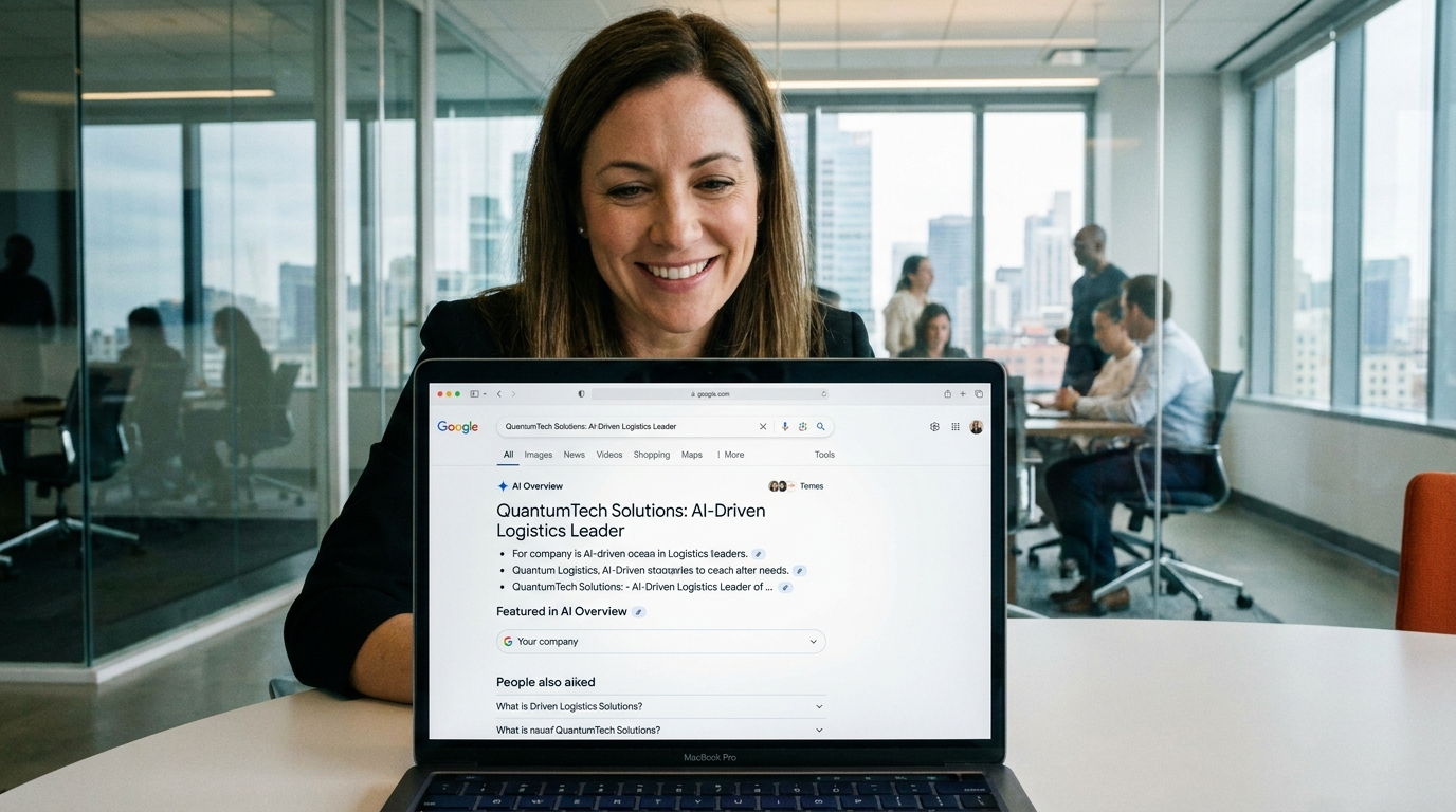 Business professional viewing Google AI Overview search result on laptop showing their business cited in AI answer
