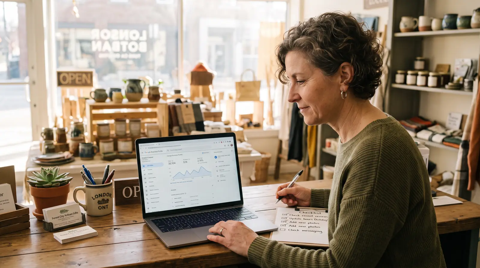 Google Business Profile mistakes costing London Ontario businesses customers London Ontario small business owner reviewing their Google Business Profile dashboard on a laptop