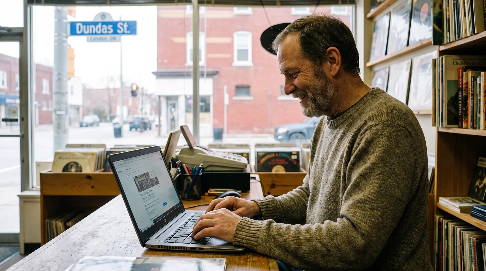 Google Business Profile optimization services: DIY, freelancer or agency in London, Ontario Record shop owner in London, Ontario updating a Google Business Profile listing on a laptop at the shop counter