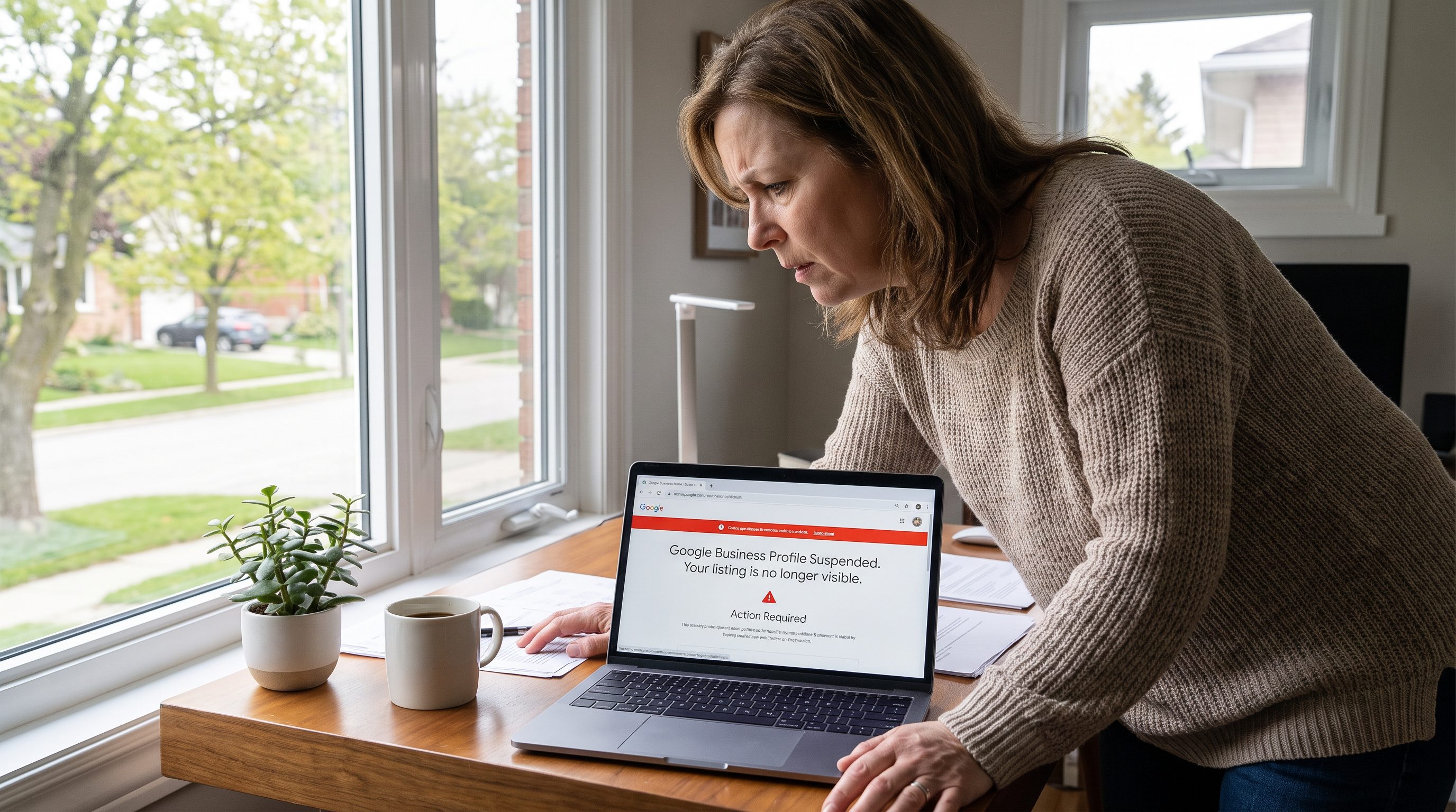 Why your London Ontario Google Business Profile got suspended and how to fix it Concerned London Ontario business owner looking at laptop showing a Google Business Profile suspended notice
