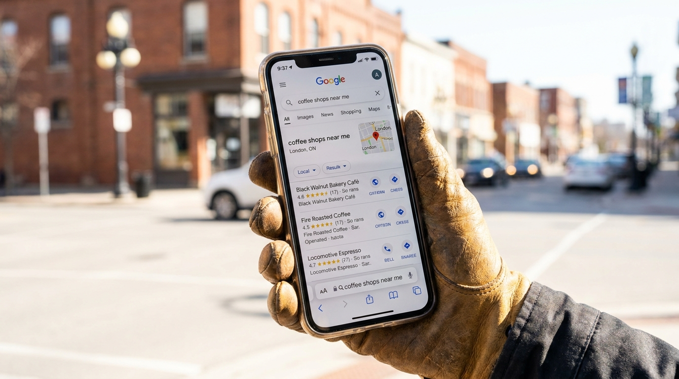 Smartphone showing Google Map Pack search results with local business listings on London Ontario street