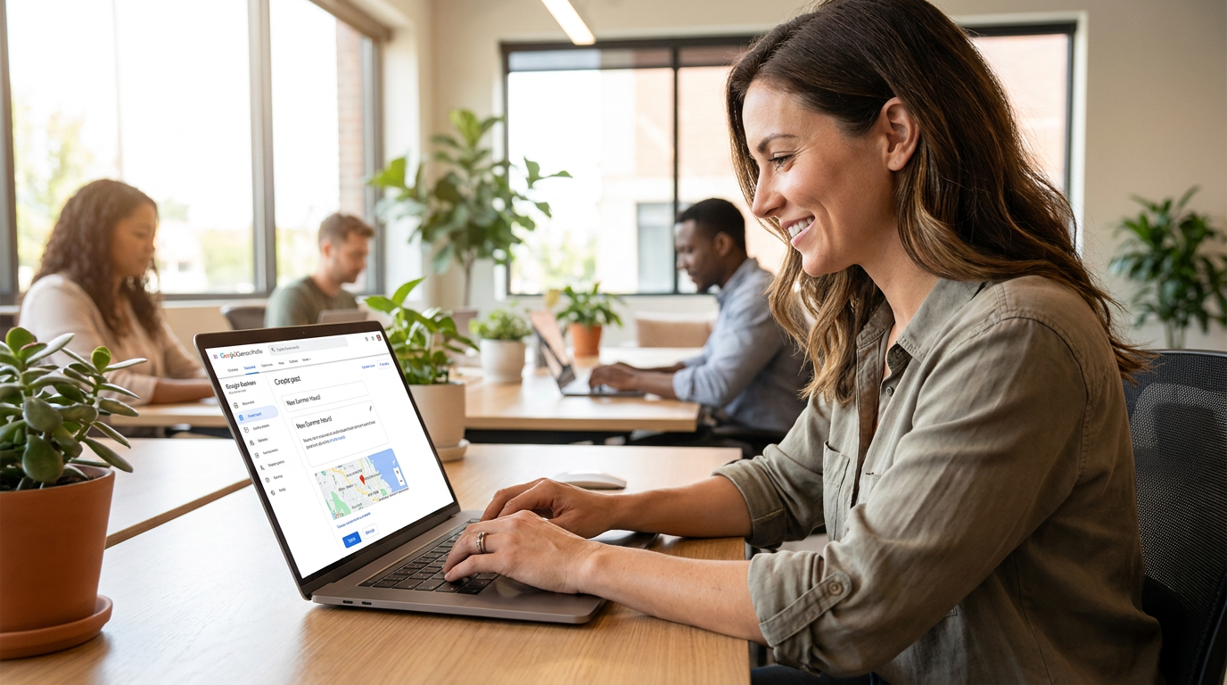 How to use Google Posts to boost your Google Business Profile in 2026 Business owner at laptop publishing a Google Business Profile post, Google Maps interface visible on screen