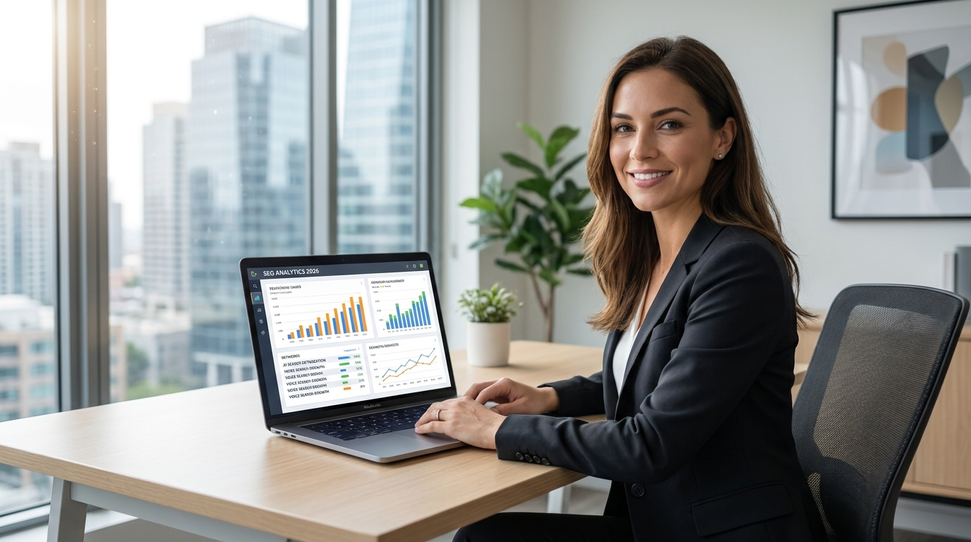 Marketing professional reviewing SEO analytics and keyword ranking trends on laptop