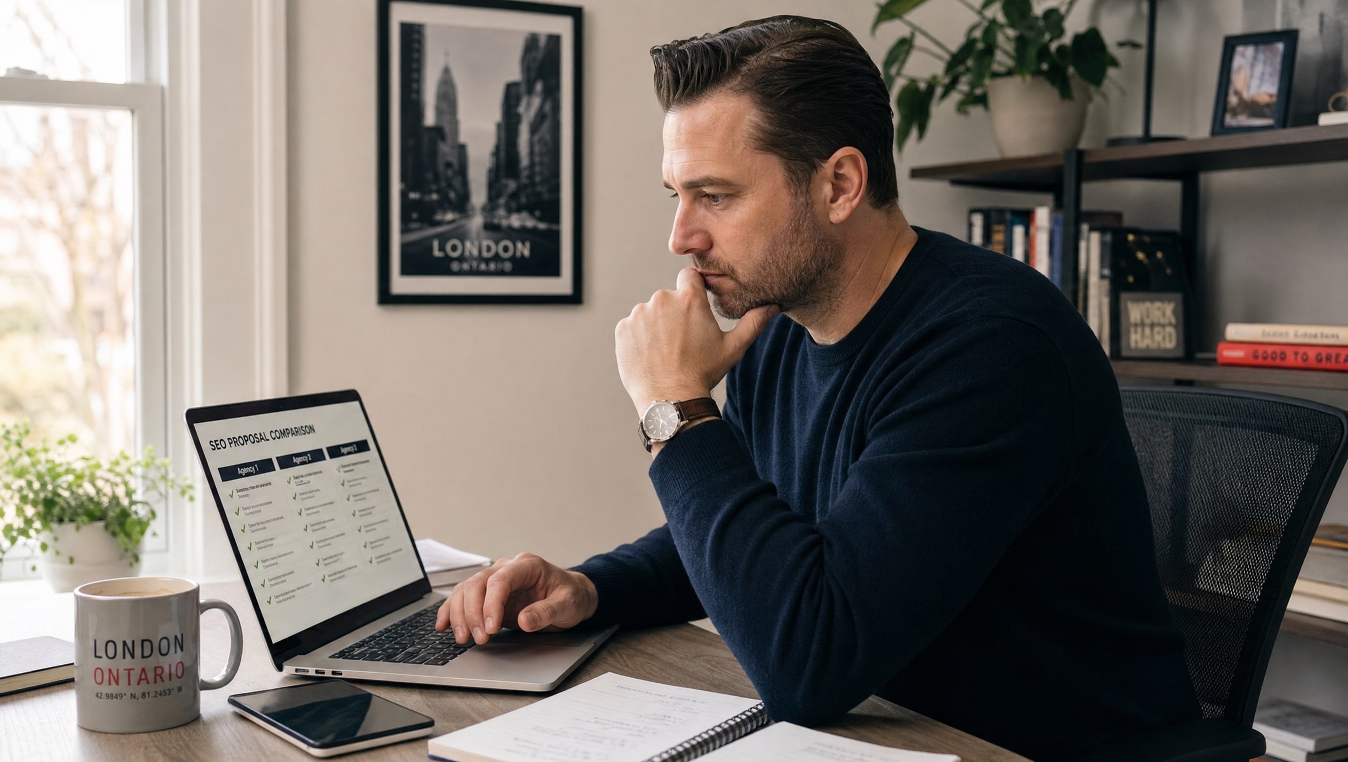 How to choose the best SEO company in London Ontario - comparing agency proposals London Ontario business owner comparing SEO agency proposals on laptop at modern desk