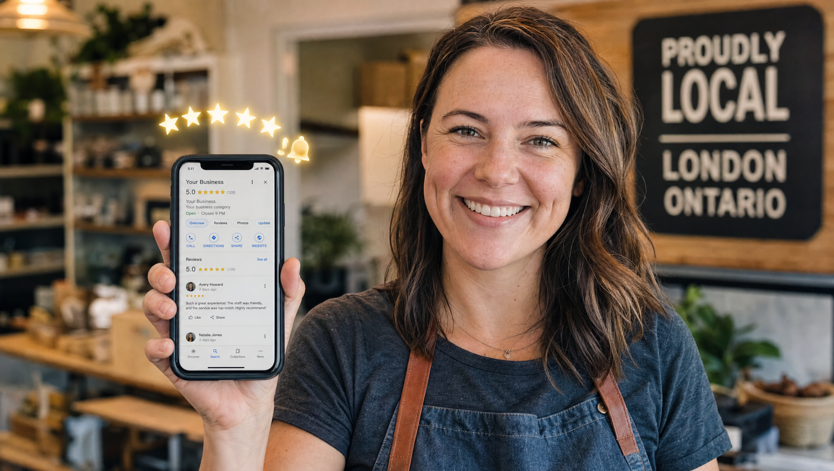 How to get more Google reviews - business owner with 5-star rating in London Ontario London Ontario business owner checking Google Business Profile 5-star reviews on smartphone