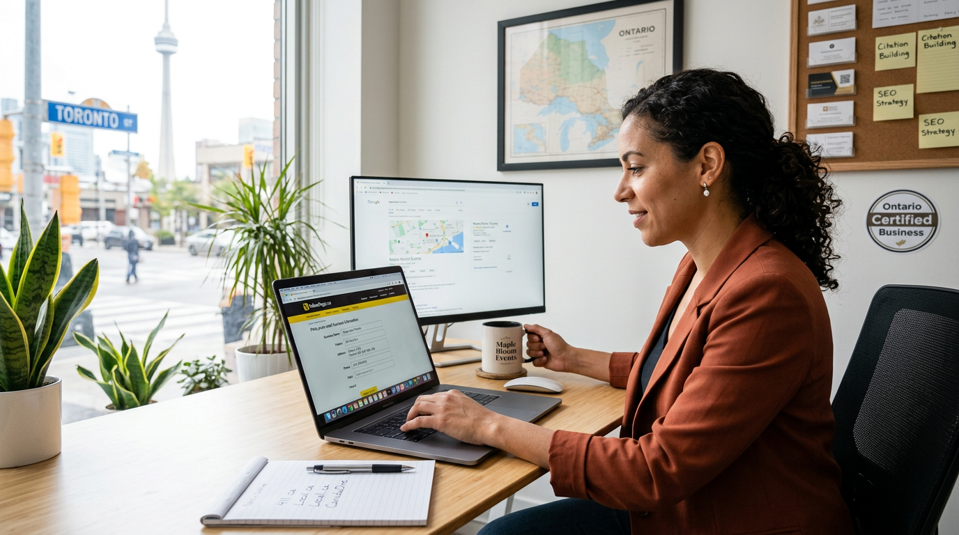 Best local citations for Ontario businesses - 2026 directory list Ontario business owner submitting company to local online directories on a computer