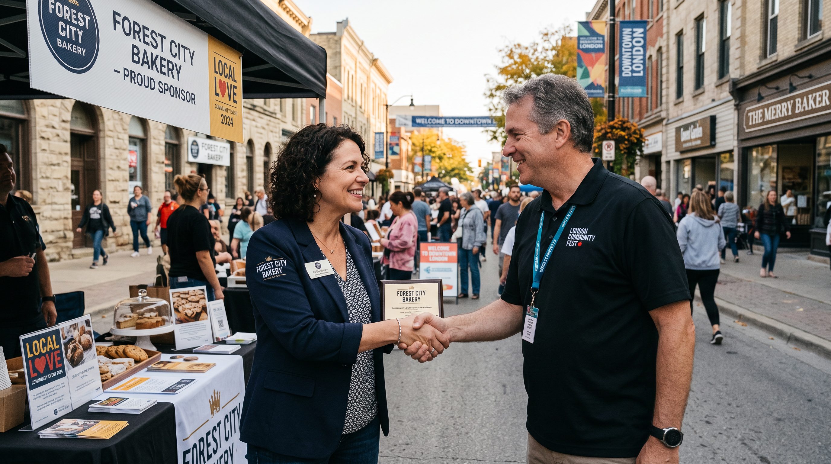 Where London Ontario businesses should build local links London Ontario business owner at a local community event sponsorship booth downtown