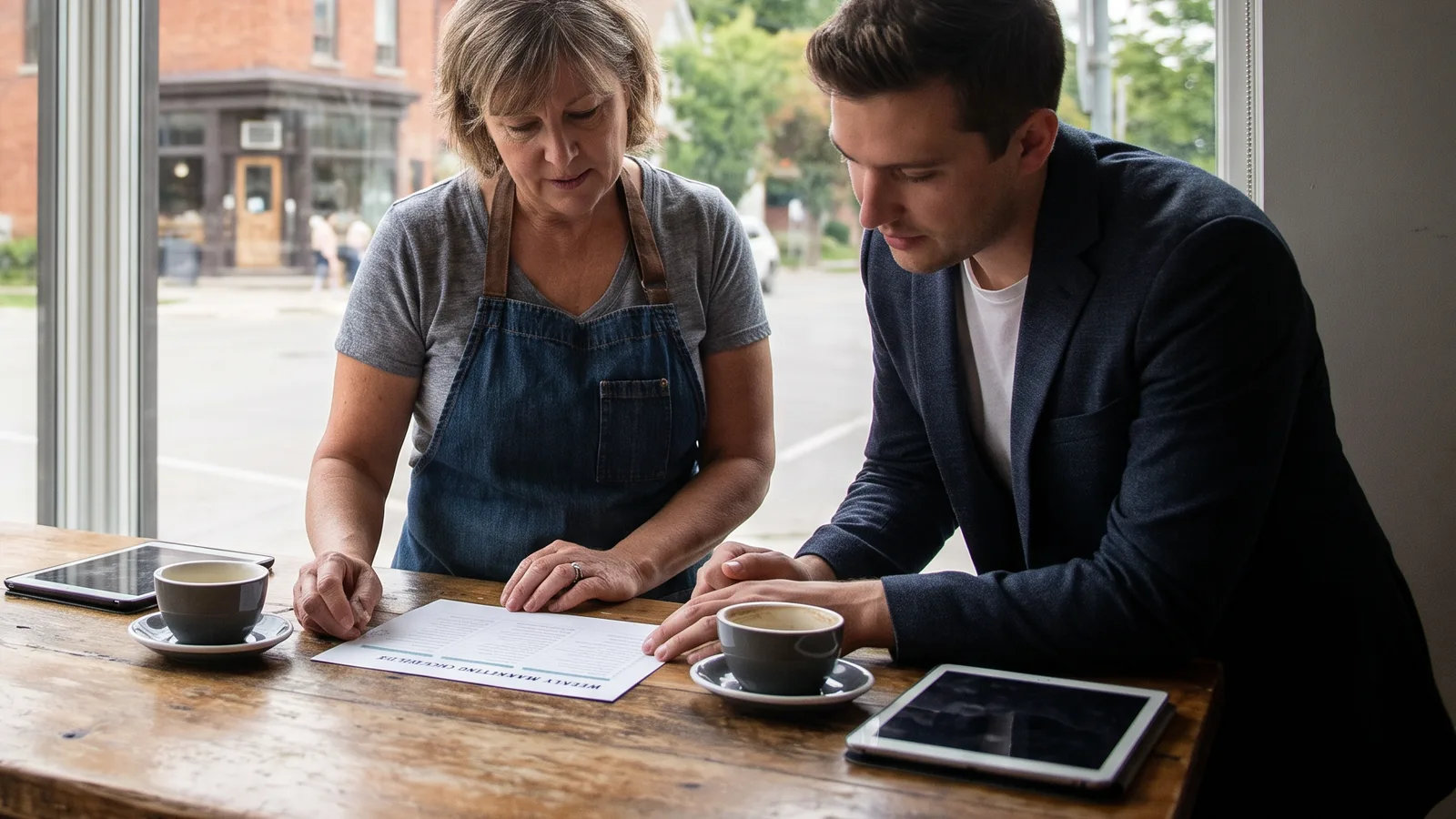 Local SEO services in London, Ontario: what a monthly plan covers Restaurant owner in an apron and a consultant reviewing a weekly marketing checklist together at a wooden cafe table in Wortley Village, London, Ontario