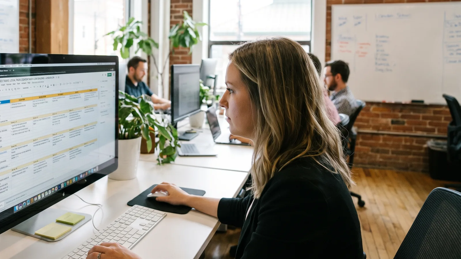 Monthly SEO services in London, Ontario: what ongoing SEO maintenance includes Consultant at a monitor showing a monthly SEO task board in a brick-walled agency workspace in London, Ontario