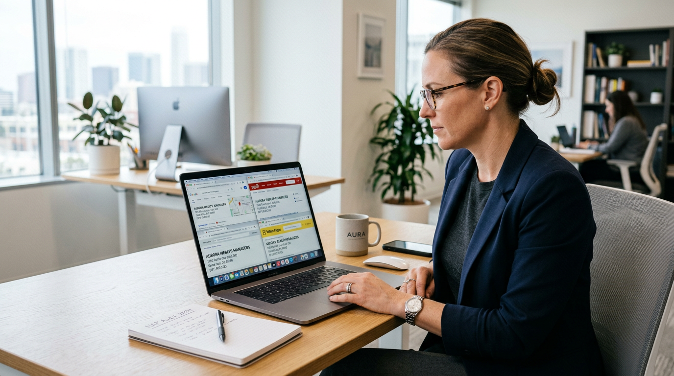NAP consistency local SEO - how to audit and fix business listing data Business owner auditing NAP consistency across online directories on a laptop