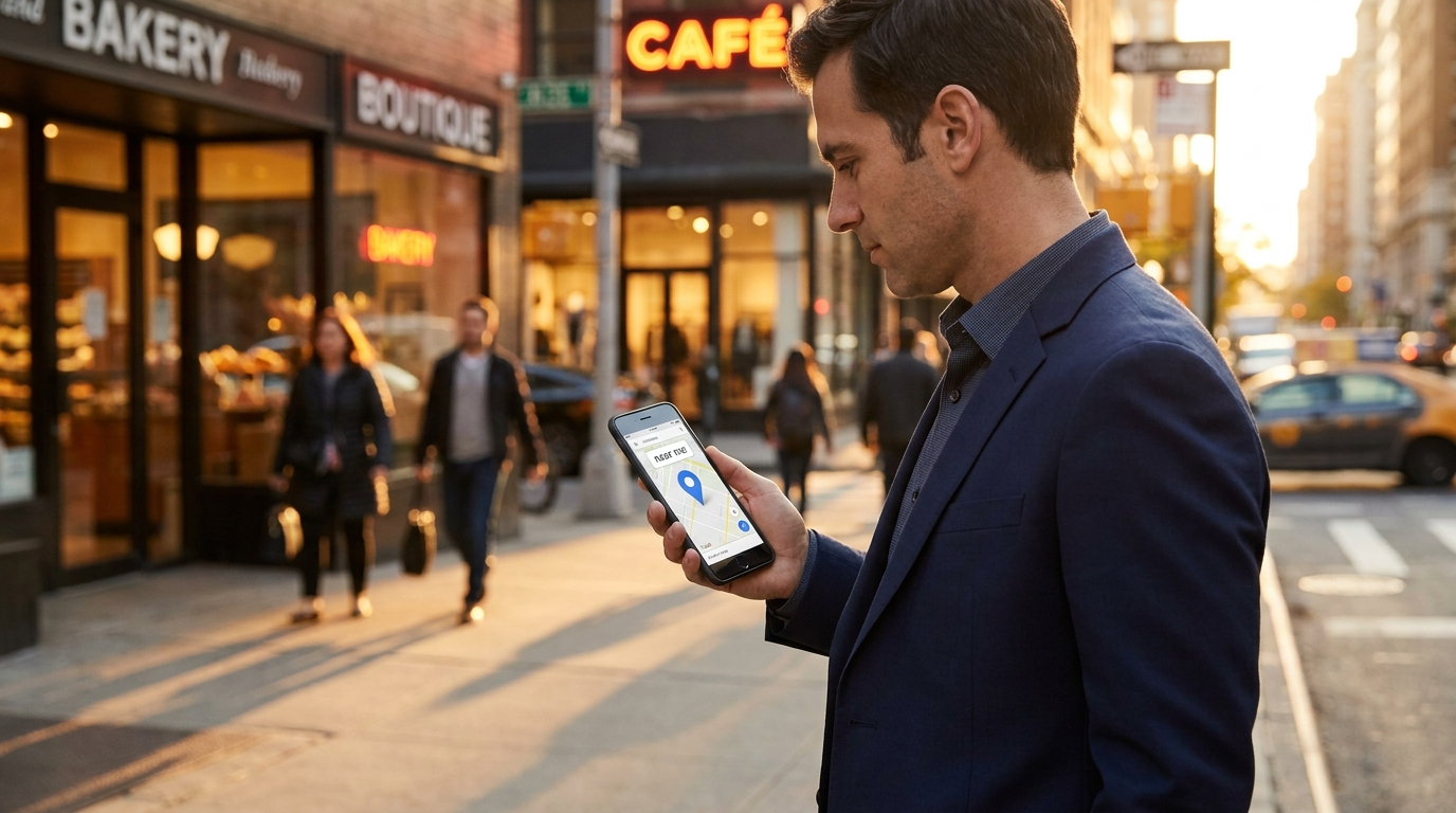 Near me SEO 2026 - how to rank in local near me searches on Google Person searching 'near me' on smartphone on a city street with local businesses visible in background