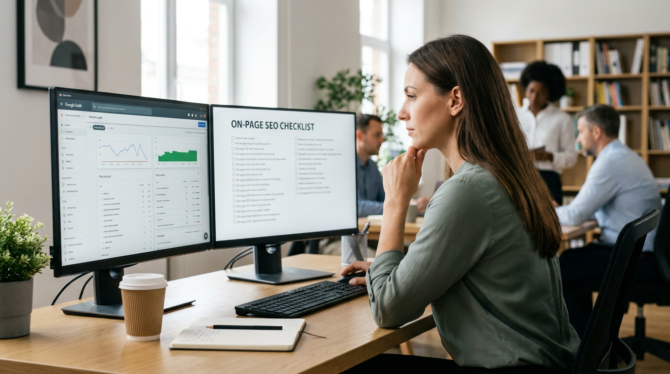 On-page SEO checklist 2026 - complete guide to ranking elements Marketing professional reviewing on-page SEO checklist on dual monitors showing website audit