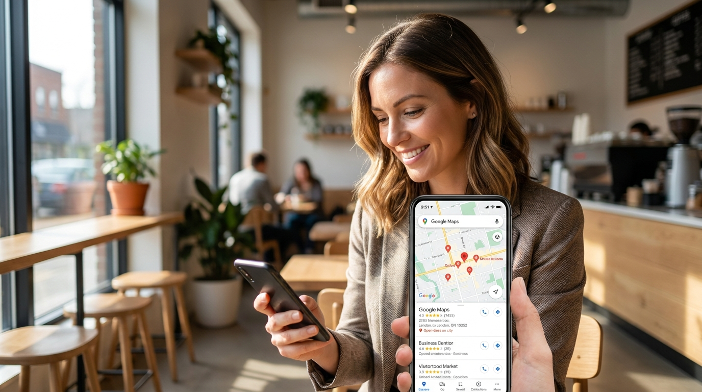Business owner checking Google Maps local listings on smartphone in London Ontario cafe