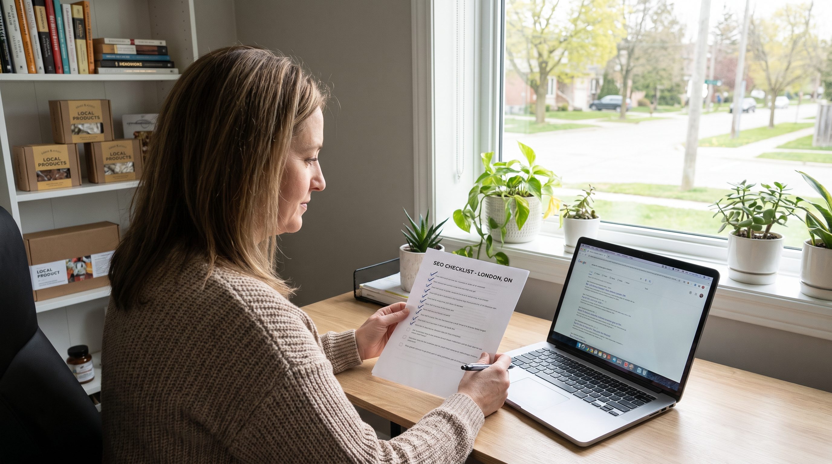 London Ontario business owner checking off items on a printed SEO checklist at a desk