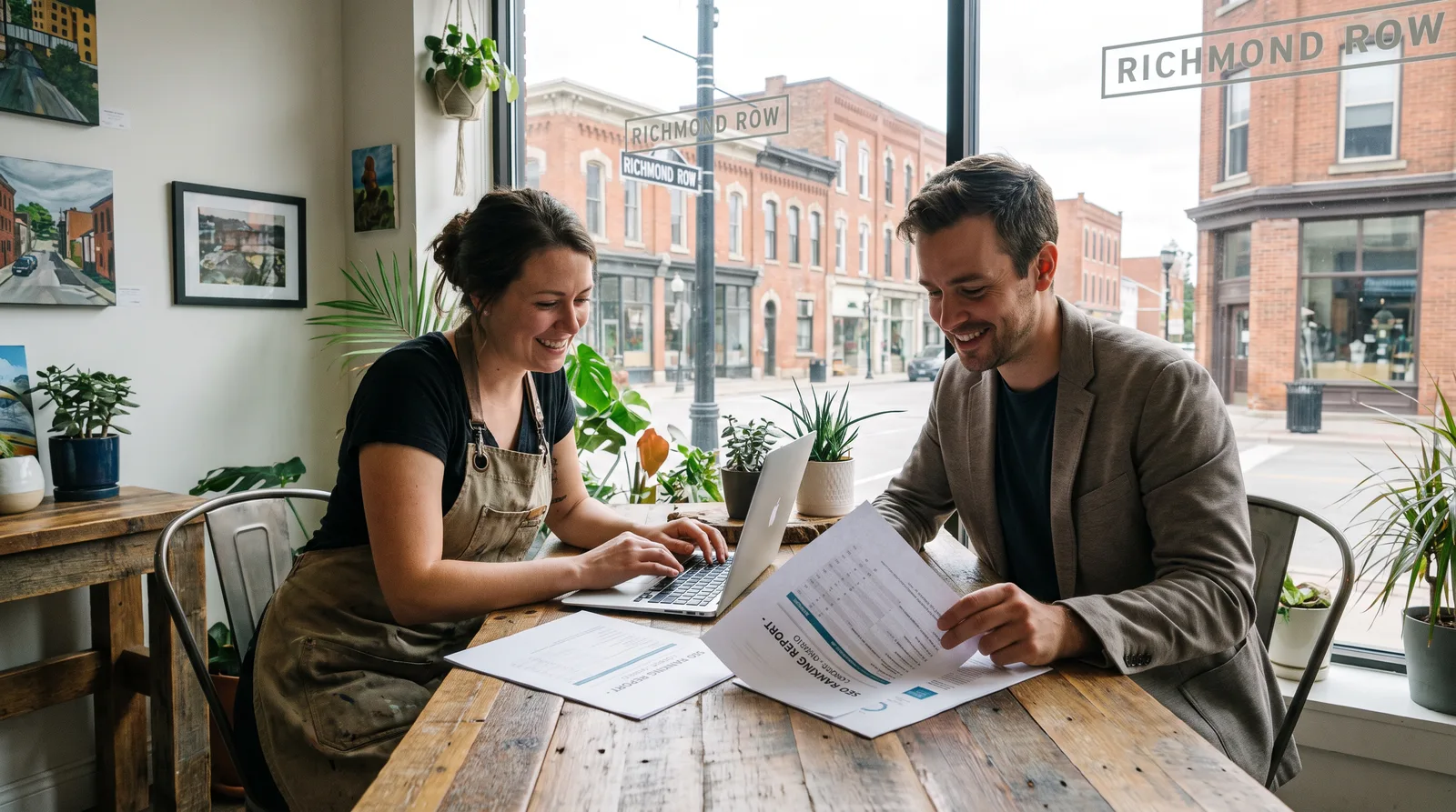 SEO company, agency or consultant: choosing the right model in London, Ontario Small business owner and SEO specialist reviewing a search ranking report together at a table in a bright London, Ontario office