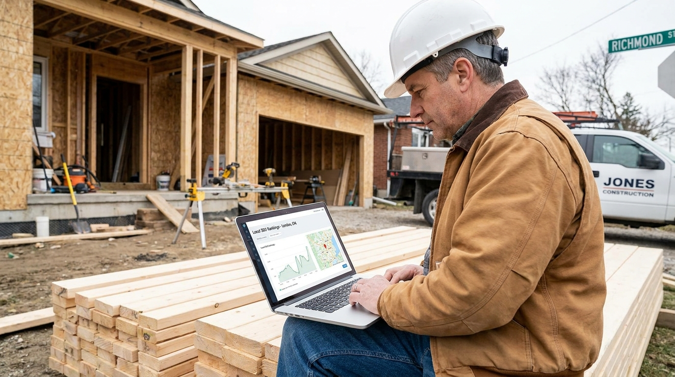 Contractor reviewing local SEO rankings on laptop at job site in London Ontario