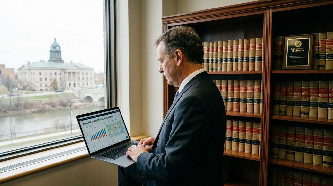 SEO for lawyers London Ontario - local search strategy for law firms Lawyer reviewing local SEO rankings on a laptop in a professional London Ontario law office