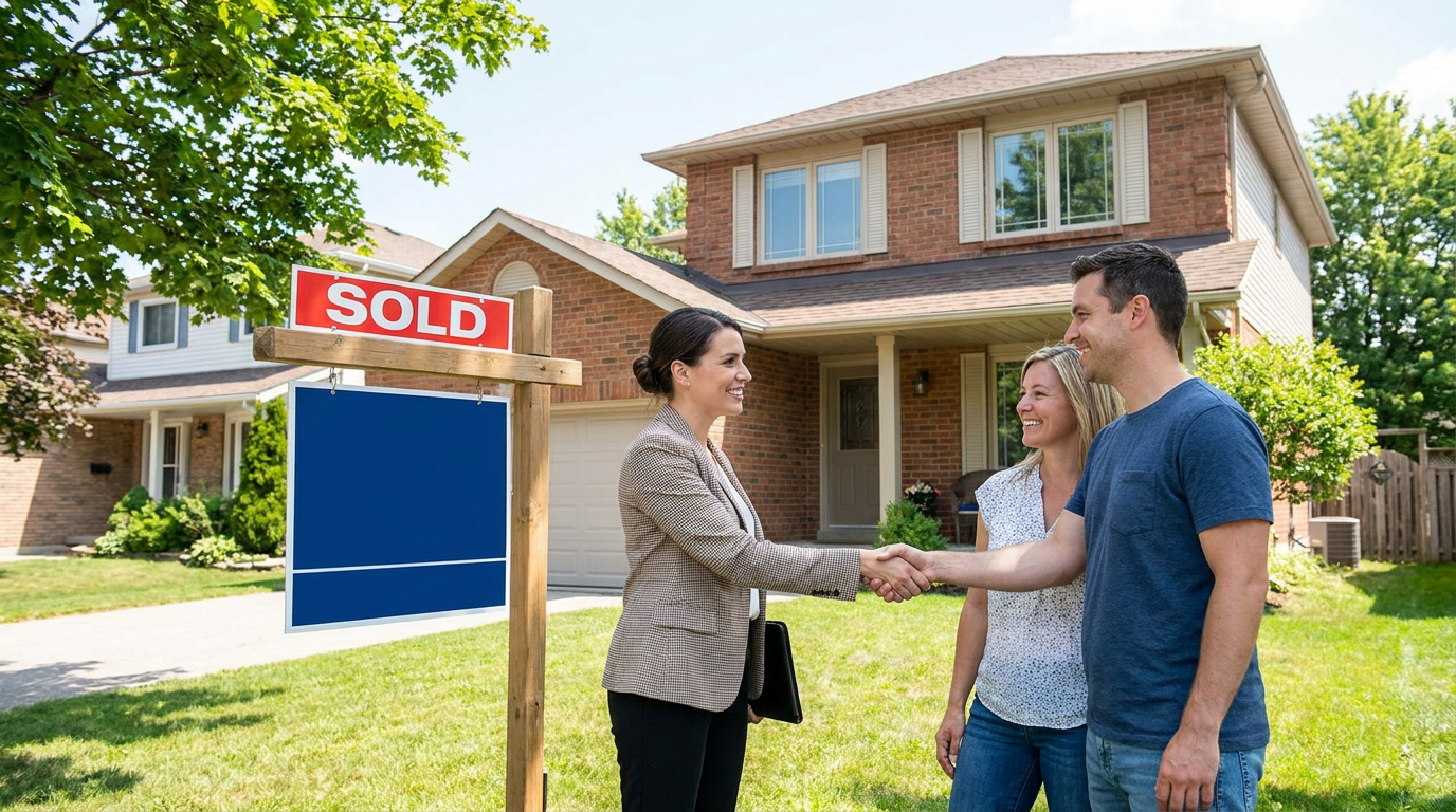 SEO for Real Estate Agents London Ontario - rank on Google, capture more buyer and seller leads Real estate agent shaking hands with clients in front of a sold home in London Ontario, sunny day