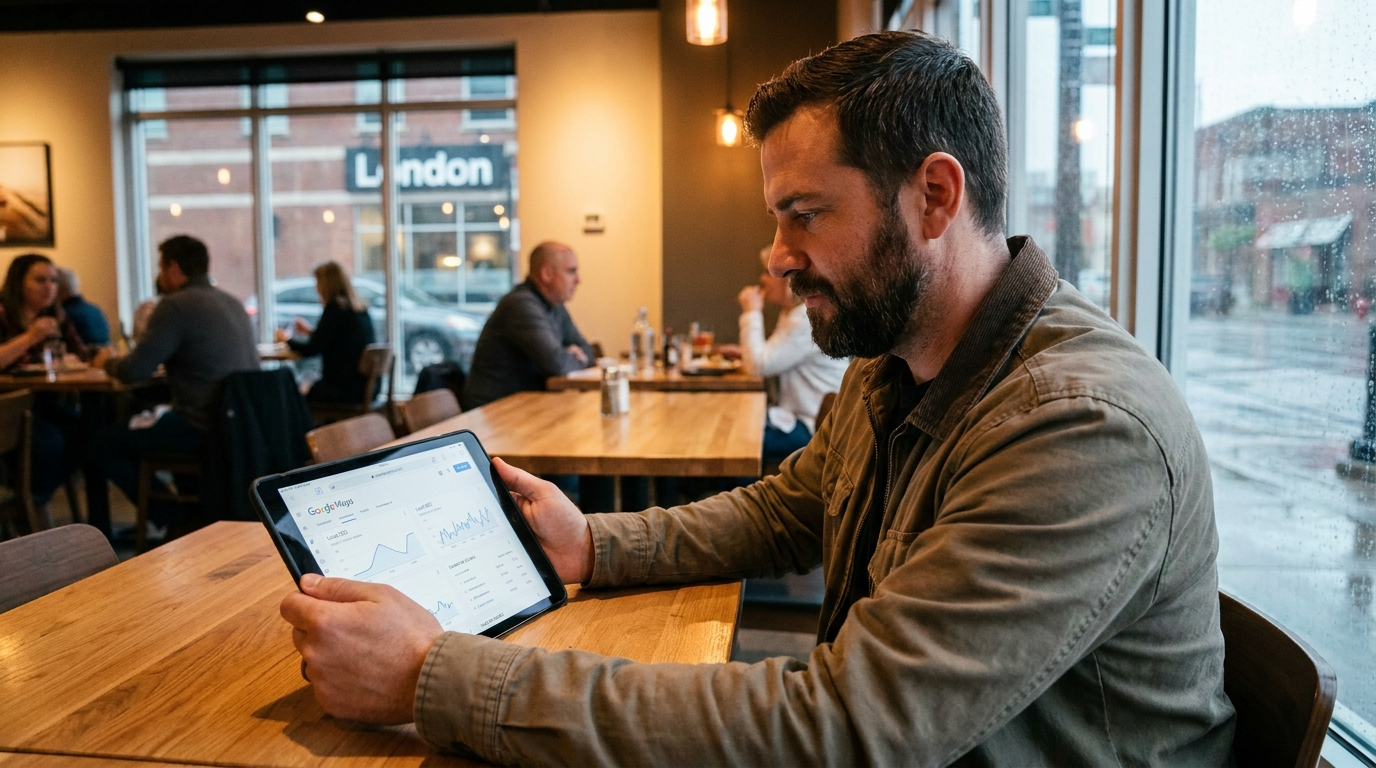 SEO for Restaurants London Ontario - rank in Google Maps and fill more tables Busy restaurant in London Ontario with full tables during dinner service, warm ambient lighting and engaged guests