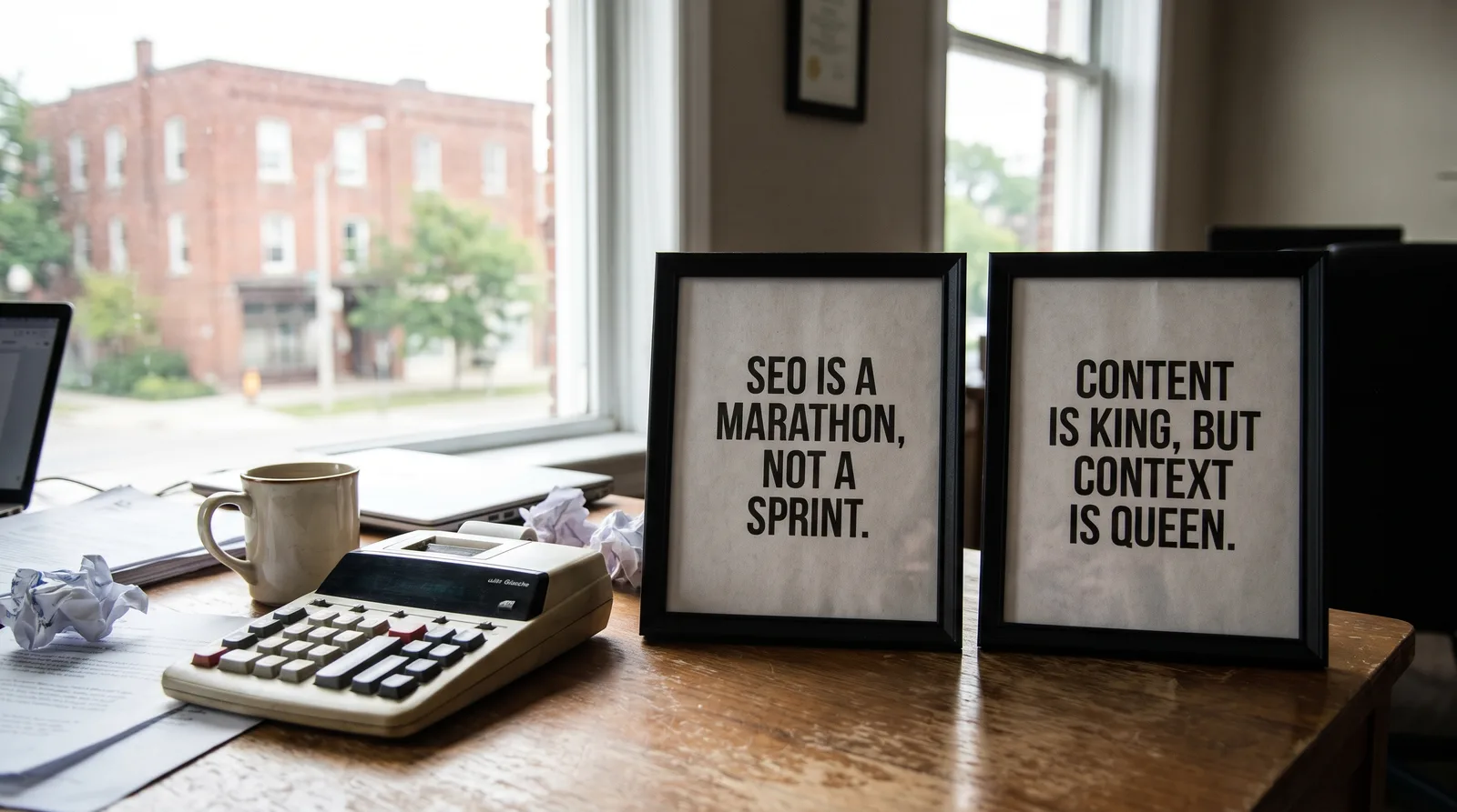 Calculator, coffee mug and papers on a wooden desk beside two framed office slogans in a bright brick-view office in London, Ontario