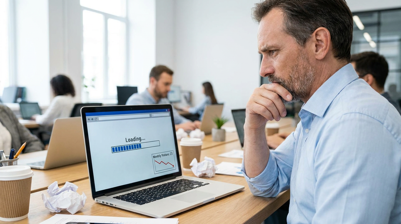 10 signs your website needs SEO - warning signals and what to do about each one Business owner looking concerned at low traffic analytics on laptop screen in modern office environment