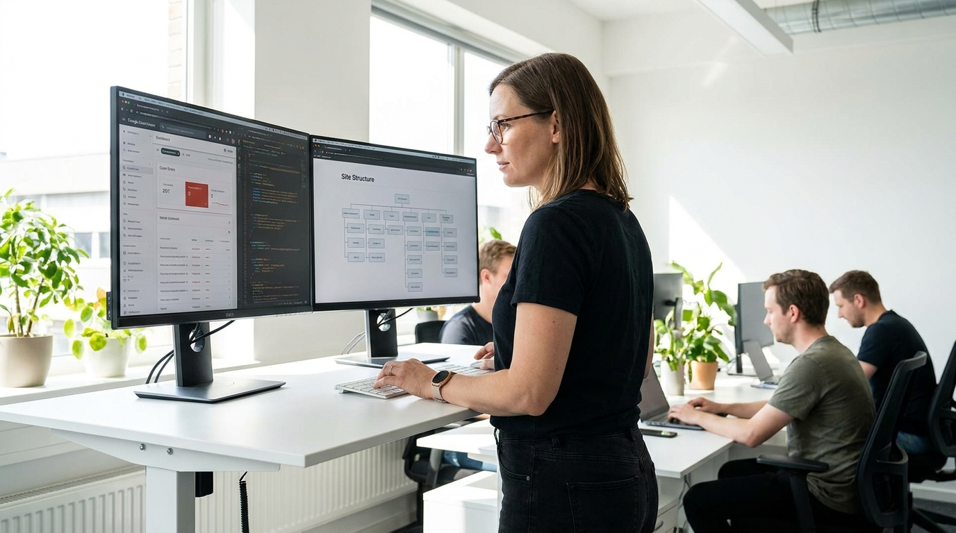 Technical SEO basics 2026 - complete guide for business owners Web developer reviewing technical SEO audit on dual monitors showing site structure and crawl data