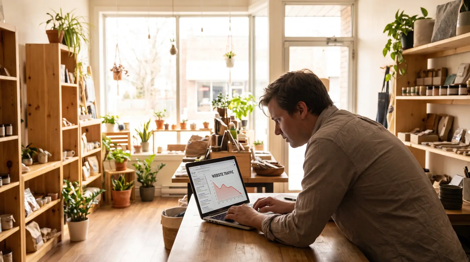 Frustrated London Ontario business owner looking at laptop with low website traffic in a small shop